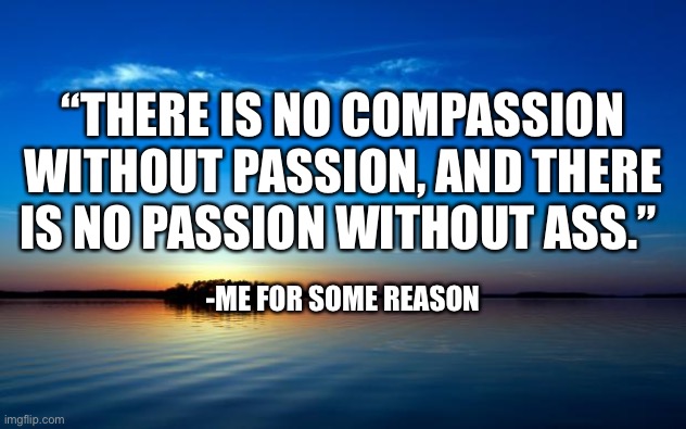 Yes | “THERE IS NO COMPASSION WITHOUT PASSION, AND THERE IS NO PASSION WITHOUT ASS.”; -ME FOR SOME REASON | image tagged in inspirational quote,memes,compassion,passion,ass | made w/ Imgflip meme maker