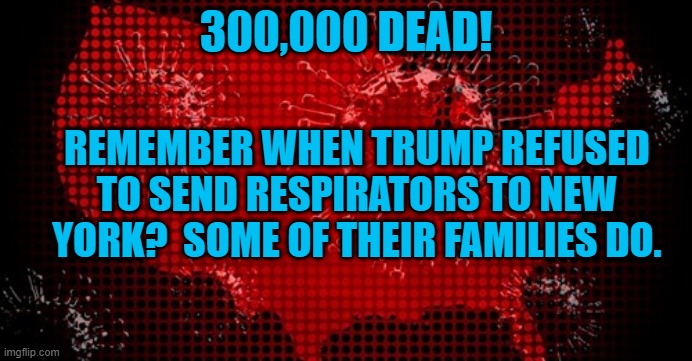 Consequences. | 300,000 DEAD! REMEMBER WHEN TRUMP REFUSED TO SEND RESPIRATORS TO NEW YORK?  SOME OF THEIR FAMILIES DO. | image tagged in politics | made w/ Imgflip meme maker
