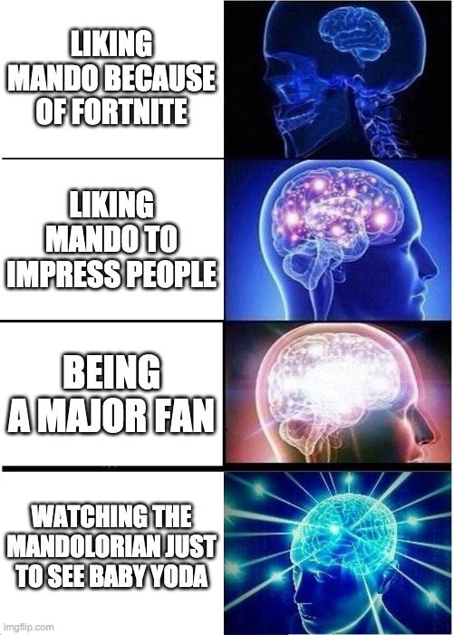mando | LIKING MANDO BECAUSE OF FORTNITE; LIKING MANDO TO IMPRESS PEOPLE; BEING A MAJOR FAN; WATCHING THE MANDOLORIAN JUST TO SEE BABY YODA | image tagged in memes,expanding brain | made w/ Imgflip meme maker