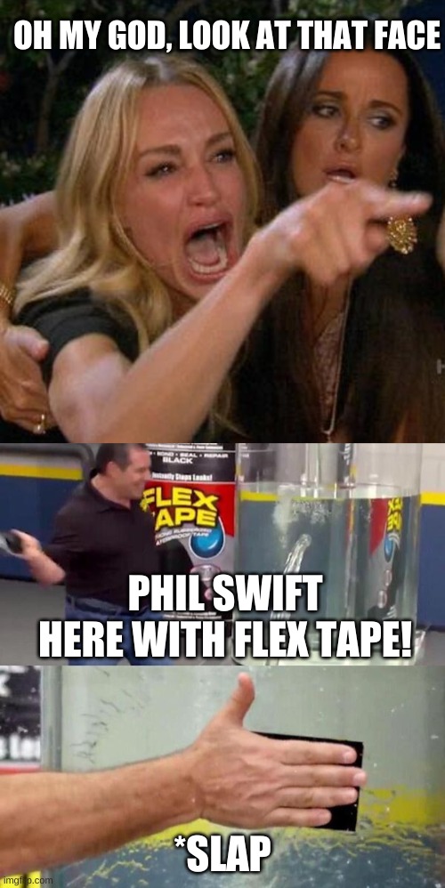 I SAWED THIS BOAT IN HALF | OH MY GOD, LOOK AT THAT FACE; PHIL SWIFT HERE WITH FLEX TAPE! *SLAP | image tagged in memes,woman yelling at cat,phil swift slapping on flex tape,funny | made w/ Imgflip meme maker