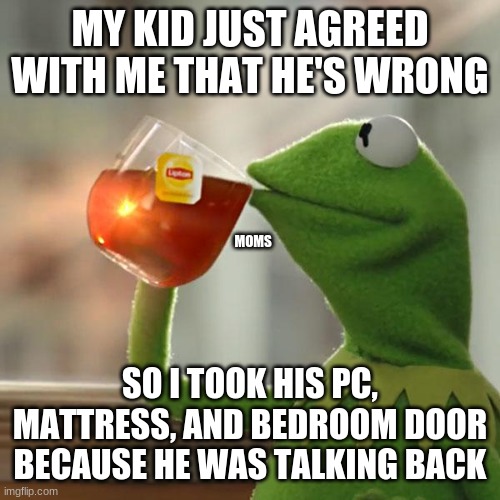 huh. you agree with me that you're wrong? i guess i should take some stuff | MY KID JUST AGREED WITH ME THAT HE'S WRONG; MOMS; SO I TOOK HIS PC, MATTRESS, AND BEDROOM DOOR BECAUSE HE WAS TALKING BACK | image tagged in memes,but that's none of my business,kermit the frog | made w/ Imgflip meme maker