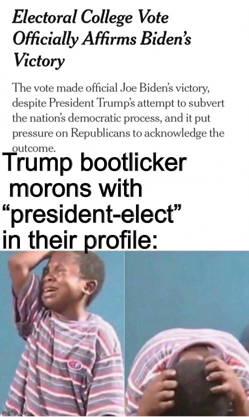 Buh...buh... the media doesn’t decide elections reeeeee | Trump bootlicker  morons with “president-elect” in their profile: | image tagged in crying kid,electoral college,joe biden is your president,cope,2020 elections | made w/ Imgflip meme maker