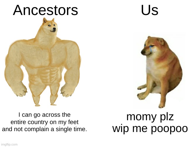 Buff Doge vs. Cheems Meme | Ancestors; Us; I can go across the entire country on my feet and not complain a single time. momy plz wip me poopoo | image tagged in memes,buff doge vs cheems | made w/ Imgflip meme maker