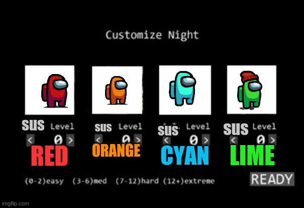 fnaf 1 custom night | sus; sus; sus; sus; LIME; CYAN; ORANGE; RED | image tagged in fnaf 1 custom night | made w/ Imgflip meme maker