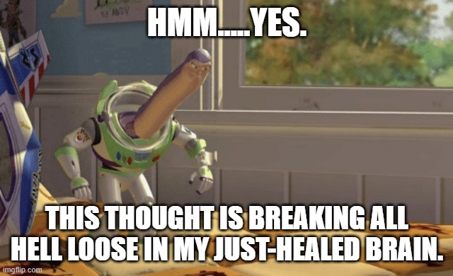 Brain-Broke | HMM.....YES. THIS THOUGHT IS BREAKING ALL HELL LOOSE IN MY JUST-HEALED BRAIN. | image tagged in hmm yes | made w/ Imgflip meme maker