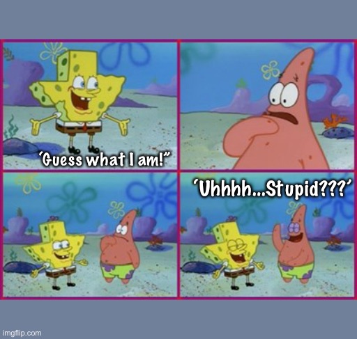Texas Spongebob | ‘Guess what I am!”; ‘Uhhhh...Stupid???’ | image tagged in dumb texans | made w/ Imgflip meme maker