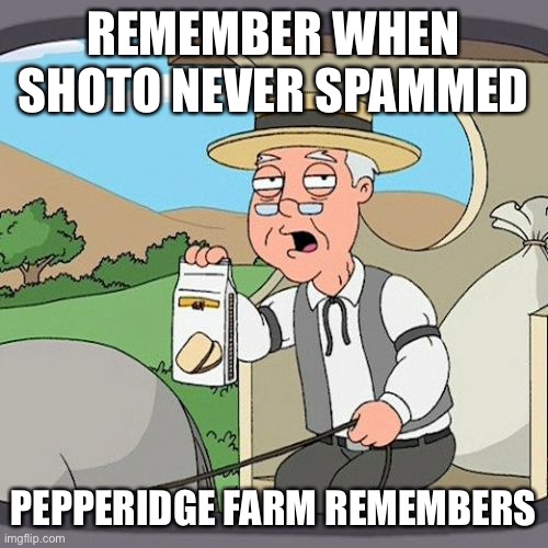 Pepperidge Farm Remembers | REMEMBER WHEN SHOTO NEVER SPAMMED; PEPPERIDGE FARM REMEMBERS | image tagged in shoto deserves to get banned | made w/ Imgflip meme maker