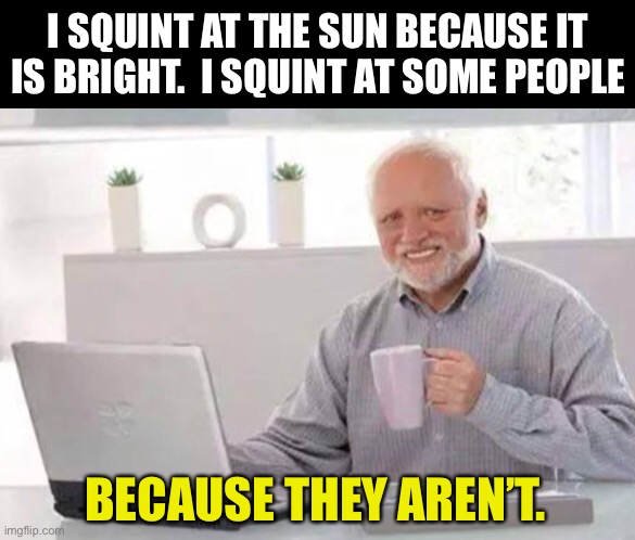 Squint | I SQUINT AT THE SUN BECAUSE IT IS BRIGHT.  I SQUINT AT SOME PEOPLE; BECAUSE THEY AREN’T. | image tagged in harold | made w/ Imgflip meme maker