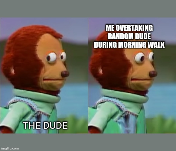 puppet Monkey looking away | ME OVERTAKING RANDOM DUDE DURING MORNING WALK; THE DUDE | image tagged in puppet monkey looking away | made w/ Imgflip meme maker