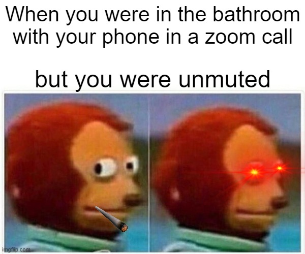 Monkey Puppet Meme | When you were in the bathroom with your phone in a zoom call; but you were unmuted | image tagged in memes,monkey puppet | made w/ Imgflip meme maker