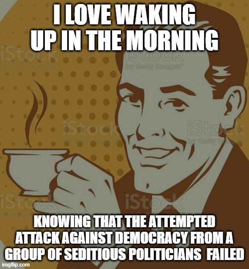 Mug Approval | I LOVE WAKING UP IN THE MORNING; KNOWING THAT THE ATTEMPTED ATTACK AGAINST DEMOCRACY FROM A GROUP OF SEDITIOUS POLITICIANS  FAILED | image tagged in mug approval | made w/ Imgflip meme maker