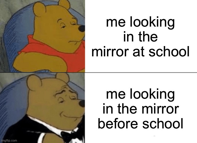 school tingz | me looking in the mirror at school; me looking in the mirror before school | image tagged in memes,tuxedo winnie the pooh | made w/ Imgflip meme maker