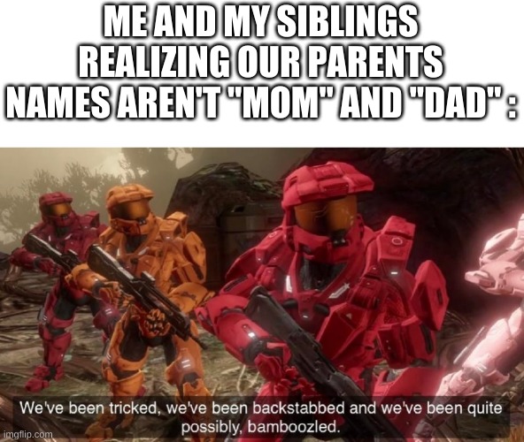 red vs blue sarge backstabbed | ME AND MY SIBLINGS REALIZING OUR PARENTS NAMES AREN'T "MOM" AND "DAD" : | image tagged in red vs blue sarge backstabbed | made w/ Imgflip meme maker