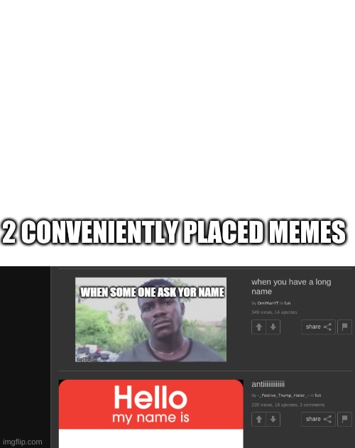 2 CONVENIENTLY PLACED MEMES | image tagged in blank white template | made w/ Imgflip meme maker