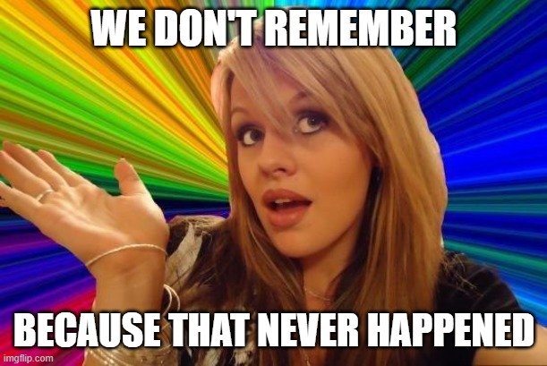 Dumb Blonde Meme | WE DON'T REMEMBER BECAUSE THAT NEVER HAPPENED | image tagged in memes,dumb blonde | made w/ Imgflip meme maker