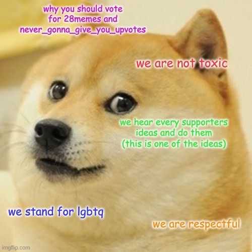 Doge | why you should vote for 28memes and never_gonna_give_you_upvotes; we are not toxic; we hear every supporters ideas and do them (this is one of the ideas); we stand for lgbtq; we are respectful | image tagged in memes,doge | made w/ Imgflip meme maker