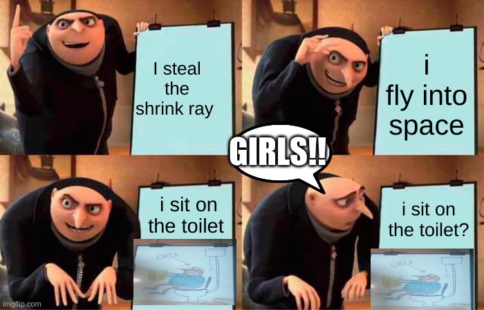 Gru's Plan | I steal the shrink ray; i fly into space; GIRLS!! i sit on the toilet; i sit on the toilet? | image tagged in memes,gru's plan | made w/ Imgflip meme maker