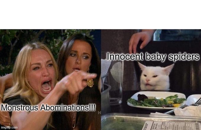 Spiders | Innocent baby spiders; Monstrous Abominations!!! | image tagged in memes,woman yelling at cat | made w/ Imgflip meme maker
