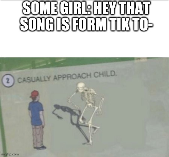 SOME GIRL: HEY THAT SONG IS FORM TIK TO- | image tagged in casually approach child | made w/ Imgflip meme maker