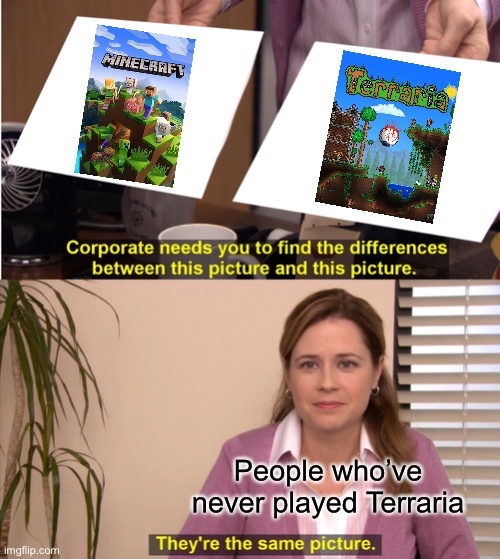 once you play Terraria,you’ll understand that they are not the same | People who’ve never played Terraria | image tagged in memes,they're the same picture | made w/ Imgflip meme maker