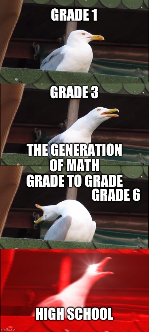 Inhaling Seagull | GRADE 1; GRADE 3; THE GENERATION OF MATH GRADE TO GRADE; GRADE 6; HIGH SCHOOL | image tagged in memes,inhaling seagull | made w/ Imgflip meme maker