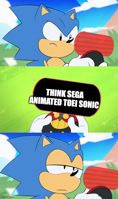 Sonic Dumb Message Meme | THINK SEGA ANIMATED TOEI SONIC | image tagged in sonic dumb message meme | made w/ Imgflip meme maker