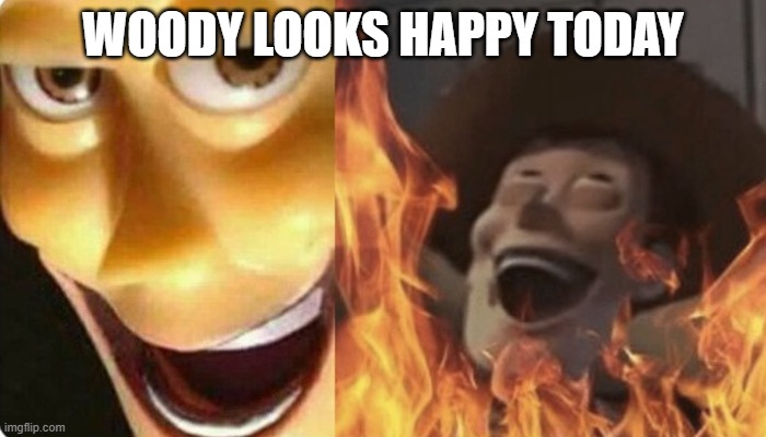 evil woody | WOODY LOOKS HAPPY TODAY | image tagged in evil woody | made w/ Imgflip meme maker