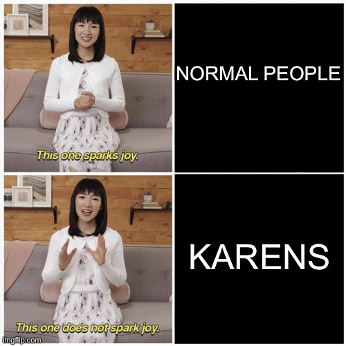 I hate Karens. | NORMAL PEOPLE; KARENS | image tagged in marie kondo spark joy | made w/ Imgflip meme maker