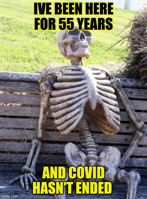 covid meme | IVE BEEN HERE FOR 55 YEARS; AND COVID HASN'T ENDED | image tagged in memes,waiting skeleton | made w/ Imgflip meme maker