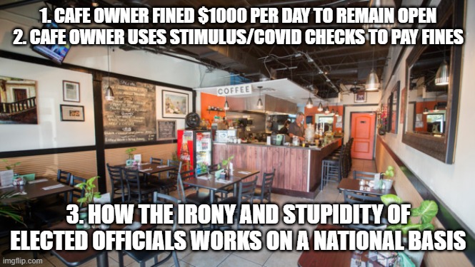 Merry Go Round | 1. CAFE OWNER FINED $1000 PER DAY TO REMAIN OPEN
2. CAFE OWNER USES STIMULUS/COVID CHECKS TO PAY FINES; 3. HOW THE IRONY AND STUPIDITY OF ELECTED OFFICIALS WORKS ON A NATIONAL BASIS | image tagged in covid-19,coronavirus,democrats,lockdown,michigan,california | made w/ Imgflip meme maker