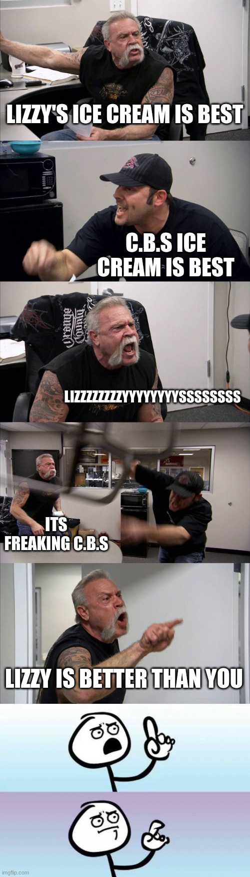 XD | LIZZY'S ICE CREAM IS BEST; C.B.S ICE CREAM IS BEST; LIZZZZZZZZYYYYYYYYSSSSSSSS; ITS FREAKING C.B.S; LIZZY IS BETTER THAN YOU | image tagged in memes,american chopper argument,no words,fnaf | made w/ Imgflip meme maker