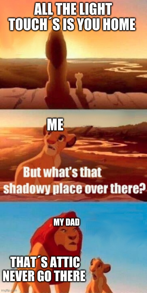 Simba Shadowy Place | ALL THE LIGHT TOUCH´S IS YOU HOME; ME; MY DAD; THAT´S ATTIC NEVER GO THERE | image tagged in memes,simba shadowy place | made w/ Imgflip meme maker