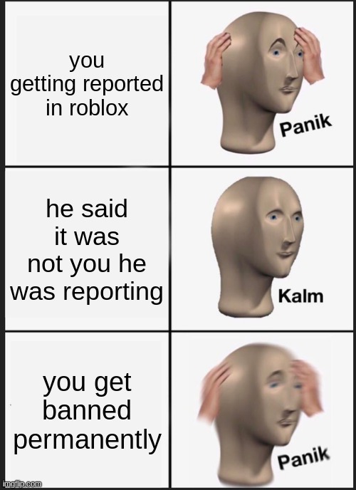 Panik Kalm Panik | you getting reported in roblox; he said it was not you he was reporting; you get banned permanently | image tagged in memes,panik kalm panik | made w/ Imgflip meme maker