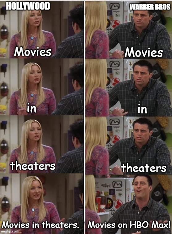 Teach Joey French Fixed Text Boxes | HOLLYWOOD; WARBER BROS; Movies; Movies; in; in; theaters; theaters; Movies in theaters. Movies on HBO Max! | image tagged in teach joey french fixed text boxes | made w/ Imgflip meme maker