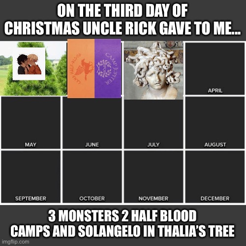 Merry Christmas and happy holidays | ON THE THIRD DAY OF CHRISTMAS UNCLE RICK GAVE TO ME... 3 MONSTERS 2 HALF BLOOD CAMPS AND SOLANGELO IN THALIA’S TREE | image tagged in calendar | made w/ Imgflip meme maker