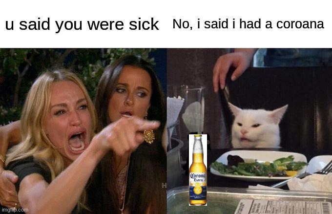Corona | u said you were sick; No, i said i had a coroana | image tagged in memes,woman yelling at cat | made w/ Imgflip meme maker