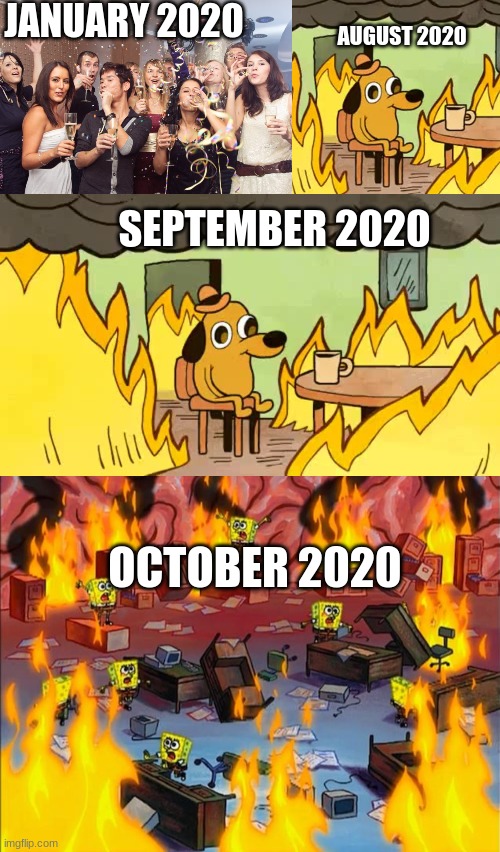 JANUARY 2020; AUGUST 2020; SEPTEMBER 2020; OCTOBER 2020 | image tagged in office party,its fine,everythings-fine,spongebob fire | made w/ Imgflip meme maker