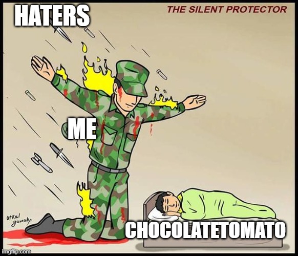 ChocolateTomato, if you're seeing this, please stop the bullying! I know you're heartbroken, but hear this! WE CAN HELP YOU! |  HATERS; ME; CHOCOLATETOMATO | image tagged in the silent protector,chocolate,tomato | made w/ Imgflip meme maker