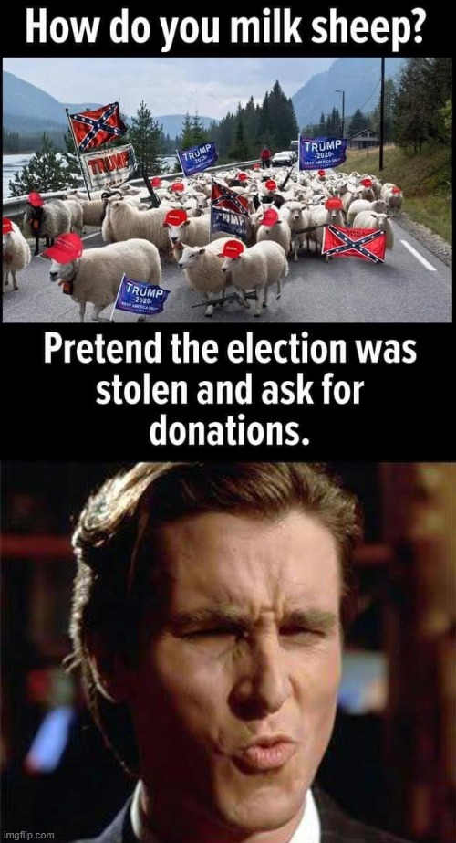 oof-ah | image tagged in trump supporters sheep,christian bale ooh,election 2020,2020 elections,sheeple,trump supporters | made w/ Imgflip meme maker