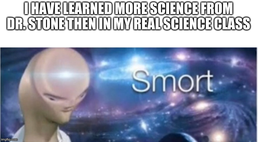 some anime are good for learning | I HAVE LEARNED MORE SCIENCE FROM DR. STONE THEN IN MY REAL SCIENCE CLASS | image tagged in meme man smort,anime | made w/ Imgflip meme maker