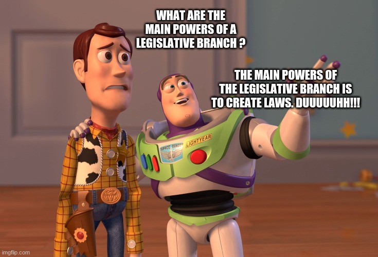X, X Everywhere Meme | WHAT ARE THE MAIN POWERS OF A LEGISLATIVE BRANCH ? THE MAIN POWERS OF THE LEGISLATIVE BRANCH IS TO CREATE LAWS. DUUUUUHH!!! | image tagged in memes,x x everywhere | made w/ Imgflip meme maker