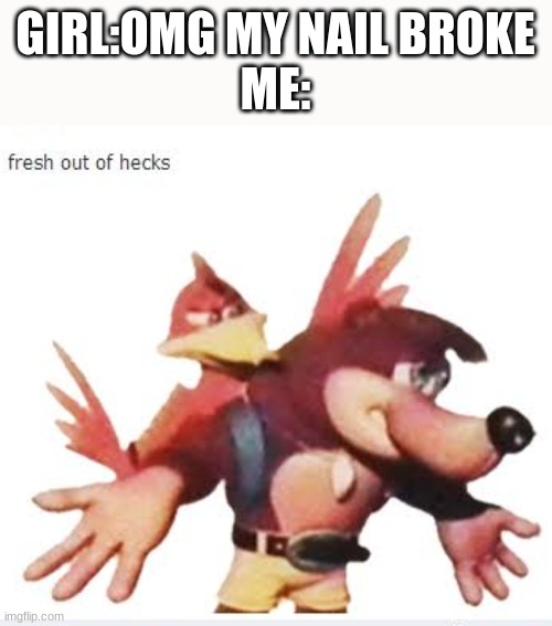 new template made by me | GIRL:OMG MY NAIL BROKE
ME: | image tagged in banjo fresh out of hecks,banjo,custom template | made w/ Imgflip meme maker