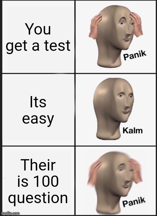 Panik Kalm Panik | You get a test; Its easy; Their is 100 question | image tagged in memes,panik kalm panik | made w/ Imgflip meme maker