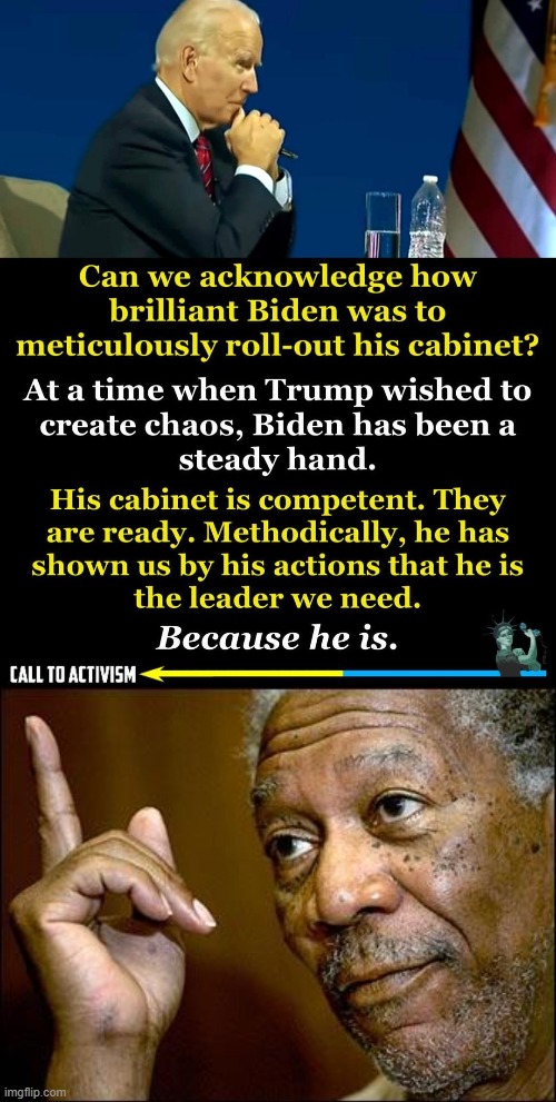 Biden played this transition perfectly. While Trump flailed, Biden kept his powder dry, projected authority, kept a steady hand. | image tagged in biden cabinet,this morgan freeman,joe biden,biden,election 2020,2020 elections | made w/ Imgflip meme maker