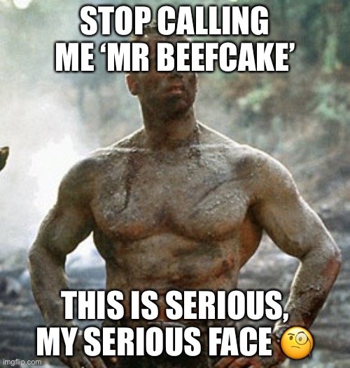 Mr Beefy | STOP CALLING ME ‘MR BEEFCAKE’; THIS IS SERIOUS, MY SERIOUS FACE 🧐 | image tagged in memes,predator | made w/ Imgflip meme maker