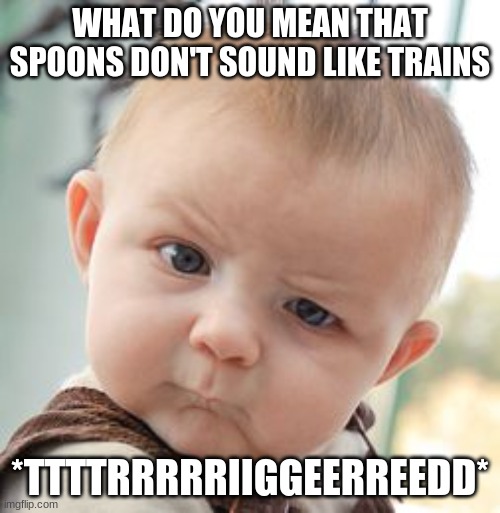 Skeptical Baby Meme | WHAT DO YOU MEAN THAT SPOONS DON'T SOUND LIKE TRAINS; *TTTTRRRRRIIGGEERREEDD* | image tagged in memes,skeptical baby | made w/ Imgflip meme maker