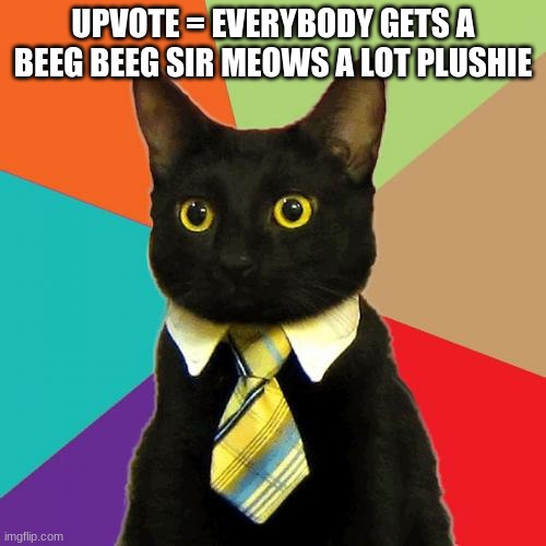 Upvote = Plush | UPVOTE = EVERYBODY GETS A BEEG BEEG SIR MEOWS A LOT PLUSHIE | image tagged in memes,business cat | made w/ Imgflip meme maker