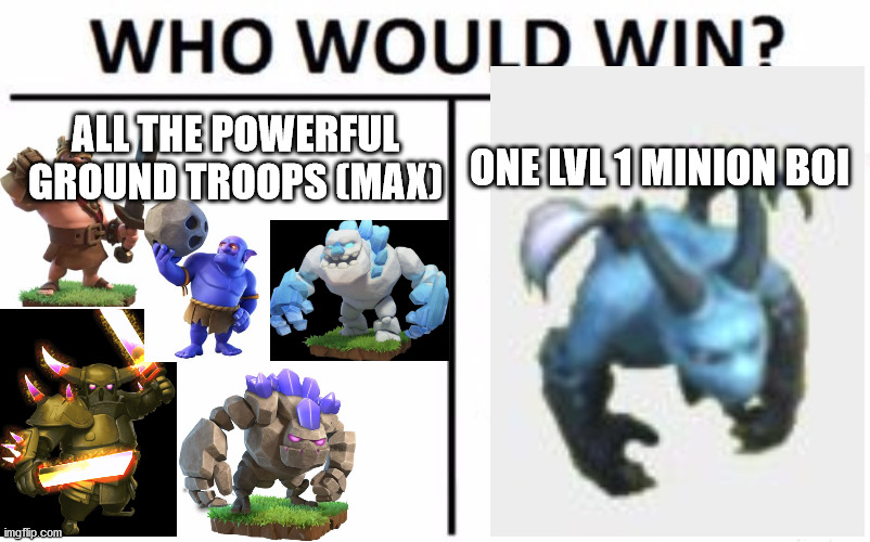 Who Would Win? | ALL THE POWERFUL GROUND TROOPS (MAX); ONE LVL 1 MINION BOI | image tagged in memes,who would win | made w/ Imgflip meme maker
