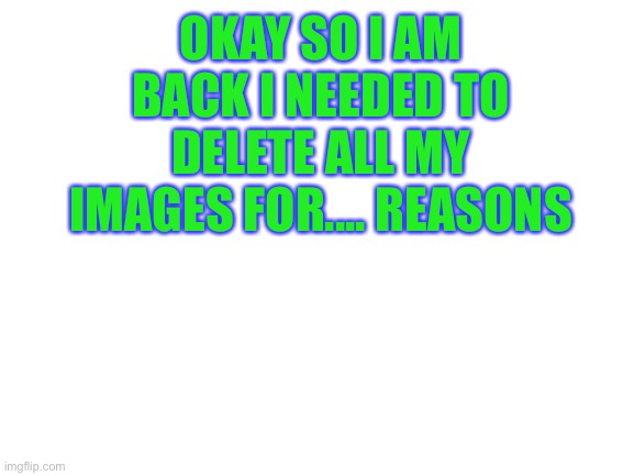 Blank White Template | OKAY SO I AM BACK I NEEDED TO DELETE ALL MY IMAGES FOR.... REASONS | image tagged in blank white template | made w/ Imgflip meme maker