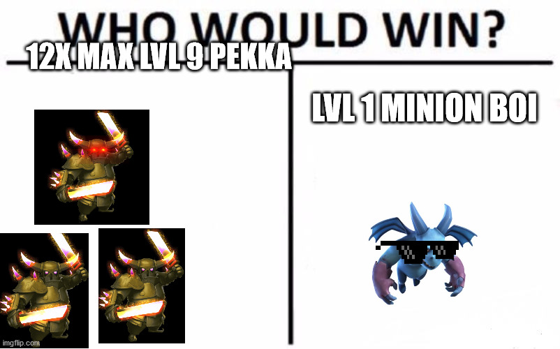 Who Would Win? | 12X MAX LVL 9 PEKKA; LVL 1 MINION BOI | image tagged in memes,who would win | made w/ Imgflip meme maker